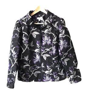 Susan Graver black embroidered tapestry‎ floral jacket zip up tassel women sz 10
